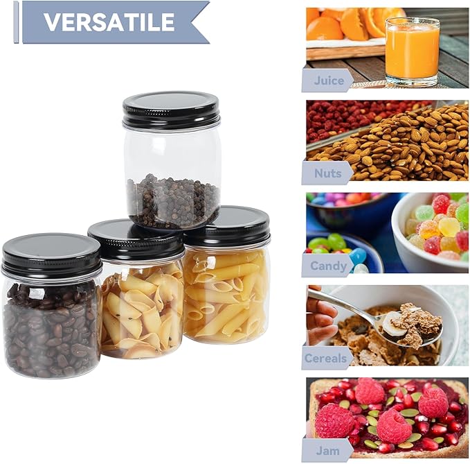 novelinks 8 oz Clear Plastic Jars with Screw-On Lids - BPA-Free Refillable Storage Containers for Slime, Spices, Crafts, Kitchen & Home Organization (32 Pack,Black)