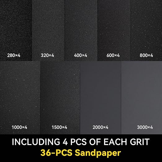 Sandpaper 36 Sheets 280/320/400/600/800/1000/1500/2000/3000 grit Assorted Wet Sanding Paper Automotive Sandpaper Assortment, for Car Wood Metal Furniture 9x3.6 Inch