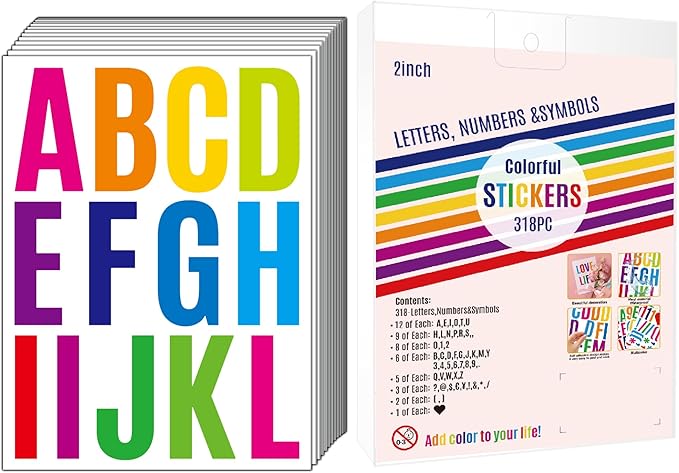 318Pcs 2inch Vinyl Letter & Numbers Stickers, Large Stick on Alphabet for Bulletin Board, Scrapbooking,Mailbox, House, Door, Wall,Scrapbook, Wall, Waterproof self Adhesive (Multi Color)
