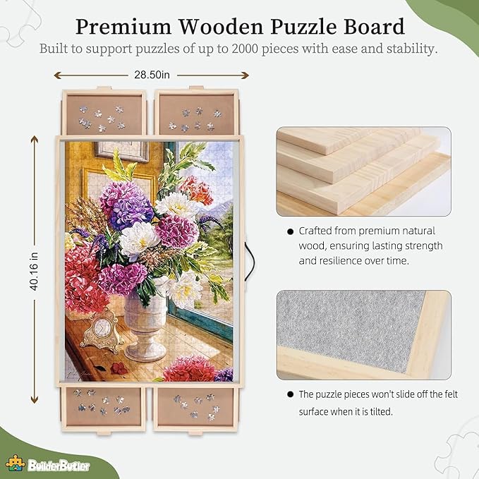 2000 Pieces 2-in-1 Tilting & Rotating Puzzle Board, 40.16"x28.5"Portable Puzzle Table with 4 Drawers & Cover