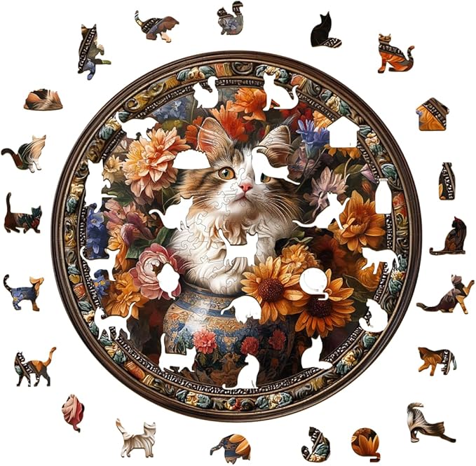 Wooden Puzzles Adults, Beautiful Tricolor Cat Wooden Puzzles 300 Pieces, Unique Animal Shaped Wood Challenging Jigsaw Puzzles Gifts for Adults, 13.4x13.4in