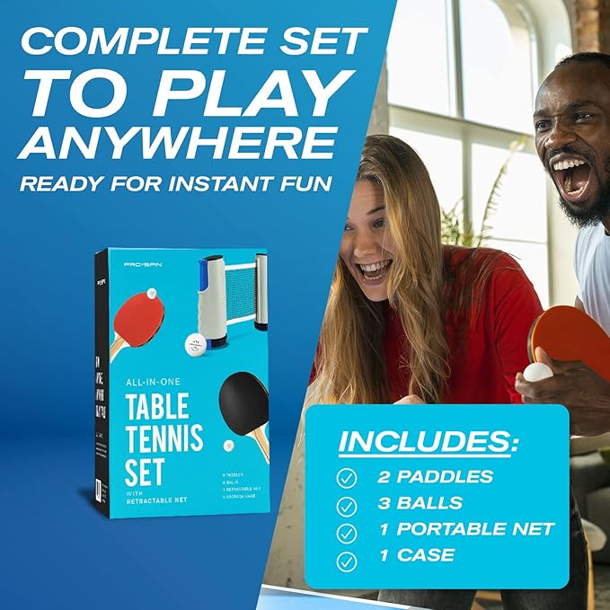 PRO SPIN All-in-One Ping Pong Set - Retractable Ping Pong Net for Any Table (72"), Ping Pong Paddles and Balls, Storage Case - Portable Table Tennis Family Games, Gifts for Boys & Girls