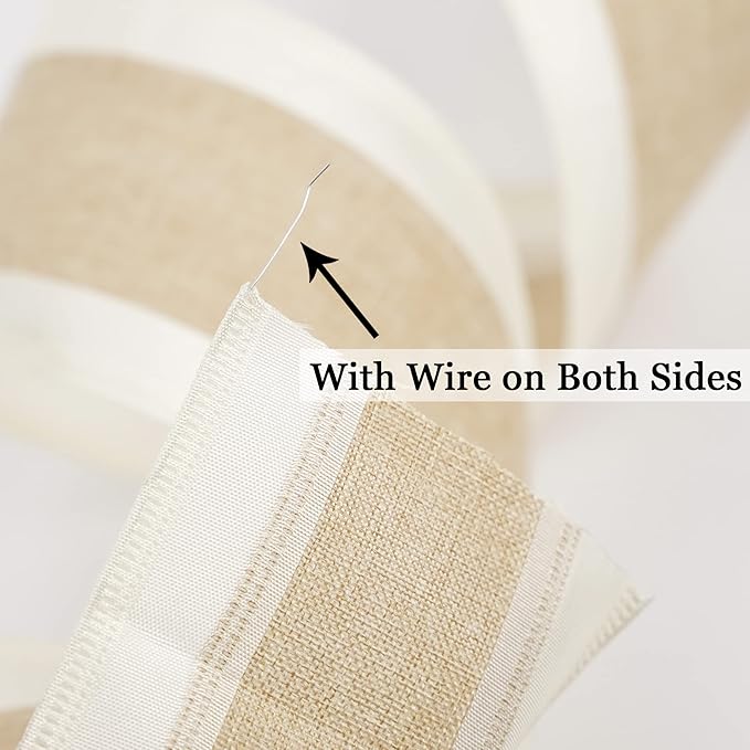 MEEDEE Burlap Wired Ribbon with Satin Edge - White Stripe, 2.5 Inch, 10 Yards for Wreath, Garland, Topper, Bow Making, Fall, Christmas, Wedding Decorations