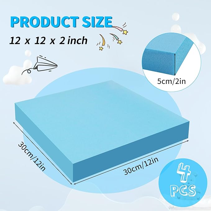 LuckyFoam Blue 4 Pack 12x12x2 inch Foam Sheets 2 Inch Thick Polystyrene Rectangles XPS Foam Board Craft for Insulating DIY Modeling Art Supplies