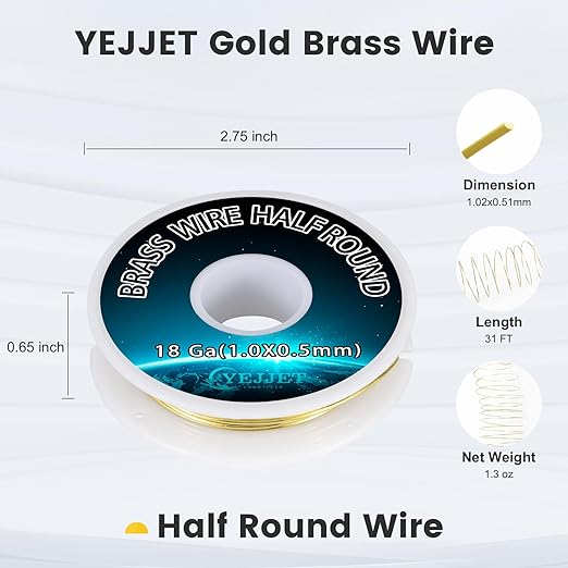 Half Round Brass Wire 18 Gauge 1.02x0.51mm Jewelry Craft Wire - 1.3 oz 31 Feet for Metal Working, Beading Supplies
