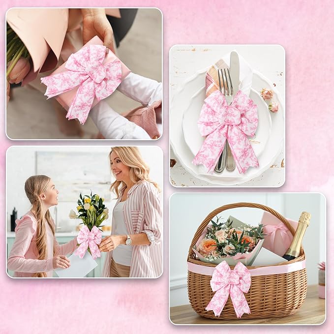 Pink Floral Bow Wired Edge Ribbon Chinoiserie Flower Bowknot Fabric Ribbon for DIY Crafts Wreath Bow Making Supplies, 12 Yard