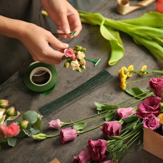 PATIKIL 28 Gauge 16" Floral Stem Wire, 100 Pcs Paper Wrapped Iron Artificial Flower Stem Accessories for DIY Bouquet Stem and Craft Decoration, Dark Green
