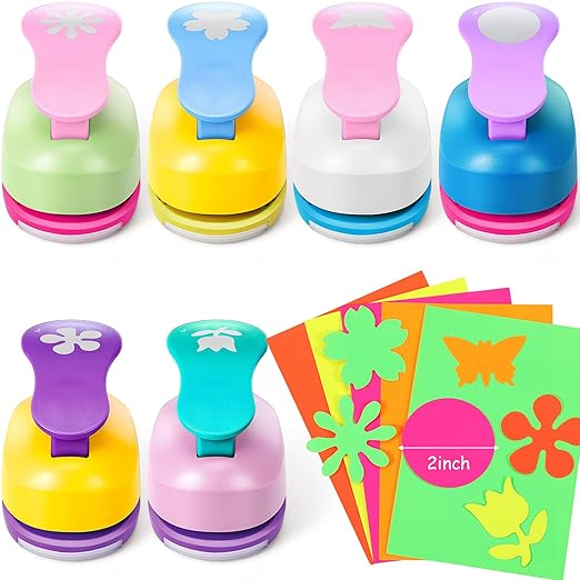 CHENGU 16 Pcs Craft Holes Punch Paper Punchers Scrapbook Punches with Craft Sticker Paper, Round, Star, Square, Heart, Flower, Wave Circle Shape (Flower Style,2 Inch)