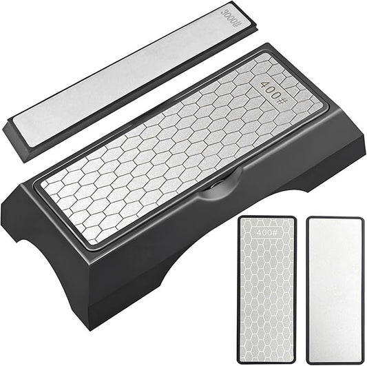 Diamond Sharpening Stone Set, Knife Sharpener Stone, Double-sided Coarse 400 / Fine 1000# | Extra Fine 3000 Grit, 2 Sizes Whetstone Tool with Non-Slip Base, Diamond Plate Honing Stone, Hone Sharpener