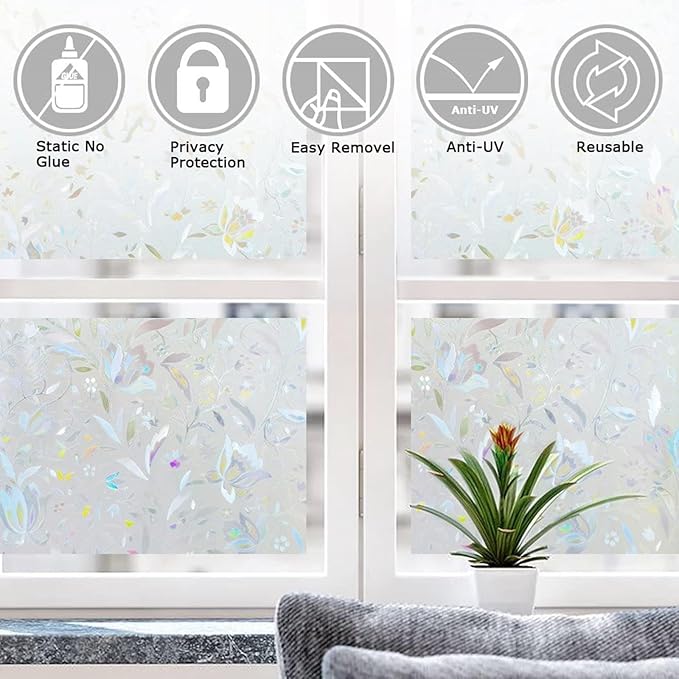 LEMON CLOUD Window Film, Decorative Window Privacy Film, 3D Stained Glass Window Sticker,Anti-UV Sun Blocker Heat Control for Home(Rainbow Tulip Design,11.8 x 78.7 inches)