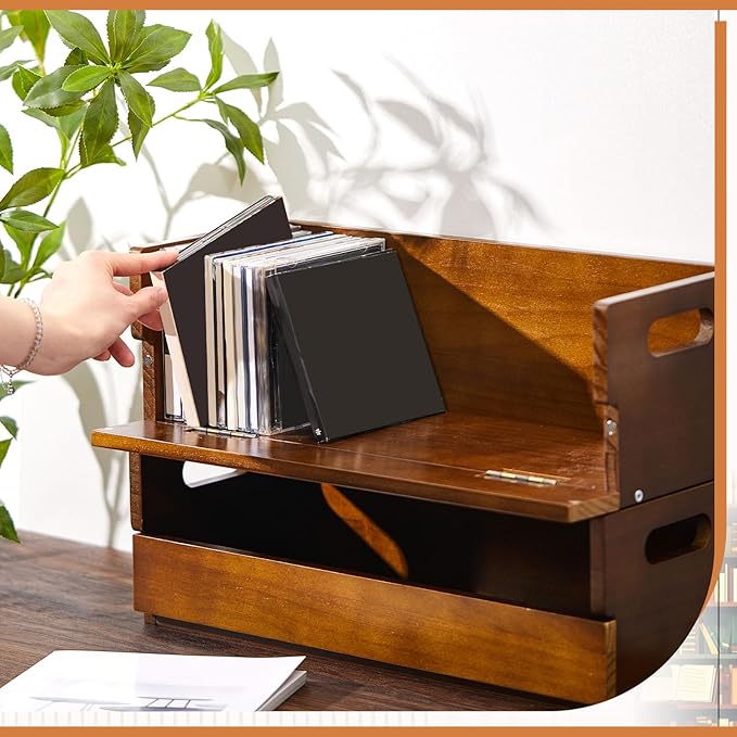 1 Set Wooden CD Storage Box Holder Shelf Cassette Tape Display Racks with Carrying Handles, Organizer Shelf for Movie Cases, DVDs, Each Set Can Store up to 36 Pcs CDs (Brown)