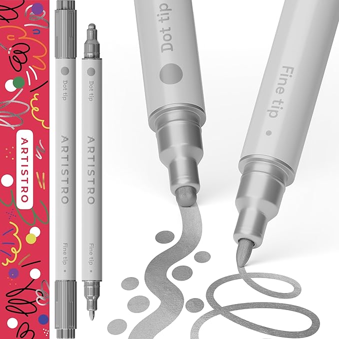 ARTISTRO 2 Silver Dual-Tip Acrylic Paint Pens - Multisurface Markers for Glass, Rock, Fabric, Wood, Plastic & More - 5mm Dot + 1mm Fine Tips