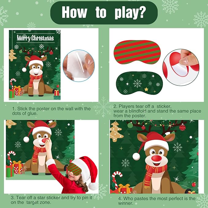 ASTARON Christmas Party Games for Kids, Pin The Hat on Reindeer with 36 Stickers 2 Blindfolds Christmas Holiday Party Decorations School Classroom Activities