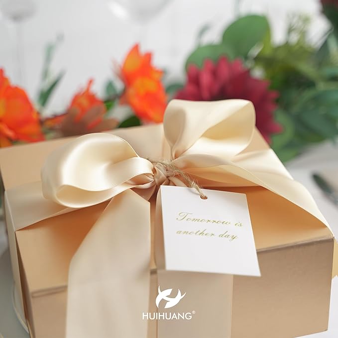 HUIHUANG Champagne Gold Ribbon 2 inch Double-Faced Champagne Satin Ribbon for Wedding Flower Bouquet, Dress Chair Sashes, Invitations Card, Gift Wrapping, Bows, Crafts, Holiday Decor -25 Yards/Roll