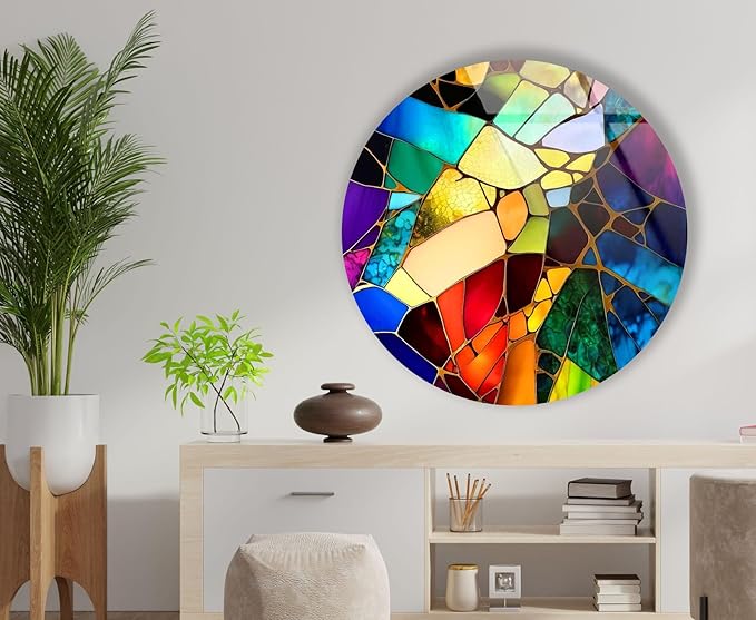 My Photostation.com 27.5''(70cm) Diameter Multicolor Round Stained Glass Wall Art Vibrant Mosaic Abstract Panel Tempered Glass Printing Wall Decor Large Wall Art Wall Hangings