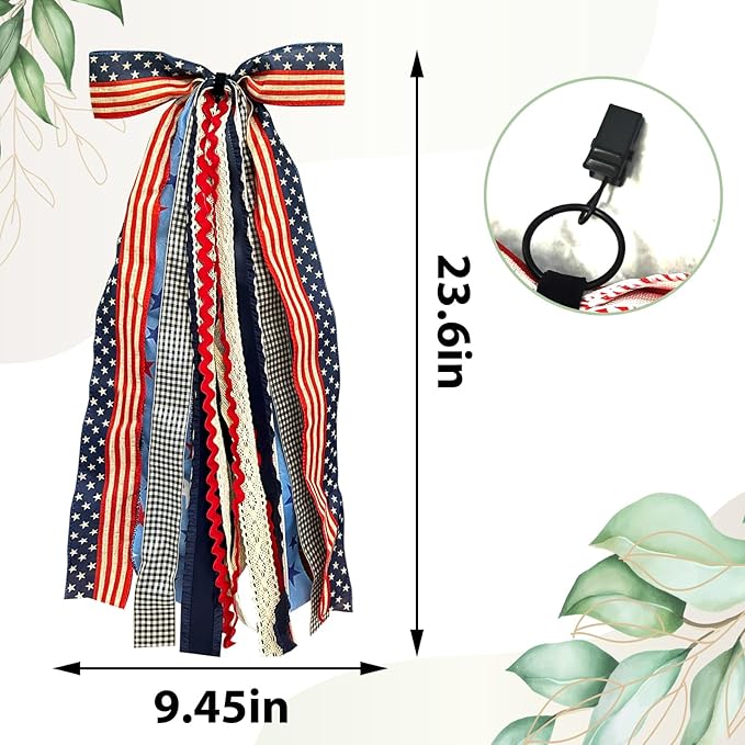 Large Patriotic Star Ribbons Bow for Wreath, Red White Buffalo Plaid Fabric Ribbons Set Assorted Lace Ribbon 4th of July Clip-On Wreath Sash Ribbon Bundle for Patriotic Indoor Outdoor Decor