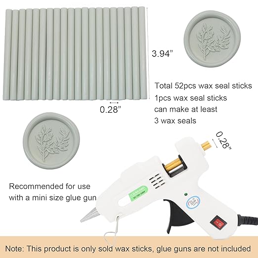 52pcs Sage Green Wax Sealing Sticks, Andotopee Glue Gun Adhesive Seal Sticks for Stamp Seals, Premium Sealing Wax for Envelope Seals Wedding Invitation Craft Adhesive, Great Gift Ideas (Mini Size)