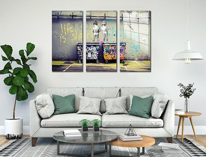 SpiritualHands Banksy Peeing Boys Life Is Short Printed Tempered Glass Wall Art Painting for Living Room, Tempered Glass Modern Prints Decor, Large Vivid Color Panel for Bedroom, Kitchen, or Office