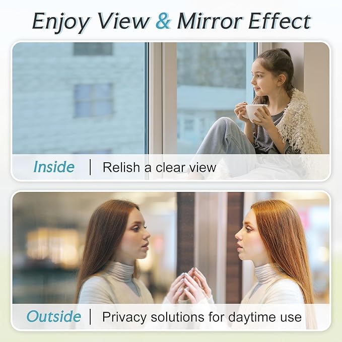 DOWELL One Way Window Privacy Film with 3 Tools Window Tint for Home Sun Blocking Heat Control Anti UV Reflective Mirror Covering See Out Not in for House and Office Silver 35.4" X 78.7"