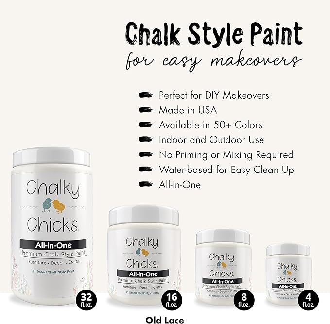 Chalky Chicks All-in-One Chalk Paint for Furniture or Cabinet - 8 Fl Oz - Matte Finish Old Lace (Off White) for Metal, Wood Furniture Paint - No Sanding All-in-One for Home Decor & Crafts, USA Made