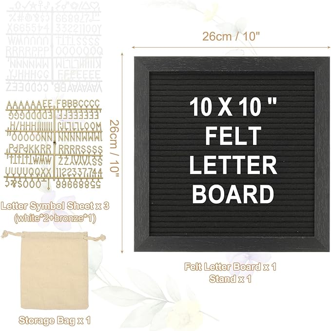 PATIKIL Felt Letter Board, 10x10Inches Black Wooden Changeable Message Board with Storage Bag Stand for Kitchen Menu Farmhouse Decor Notes, White Bronze Letter