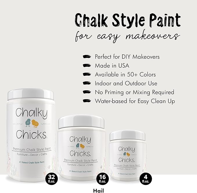 Chalky Chicks All-in-One Chalk Paint for Furniture or Cabinet - 32 Fl Oz - Matte Finish Hail White for Metal, Wood Furniture Paint - No Sanding All-in-One for Home Decor & Crafts, USA Made