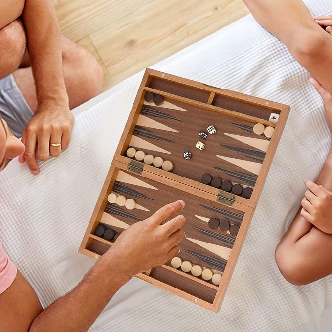 GSE Games & Sports Expert Premium Magnetic Wooden Folding Inlay Backgammon Board Game Set, Portable Travel Board Game (Focus- 11 Inches)