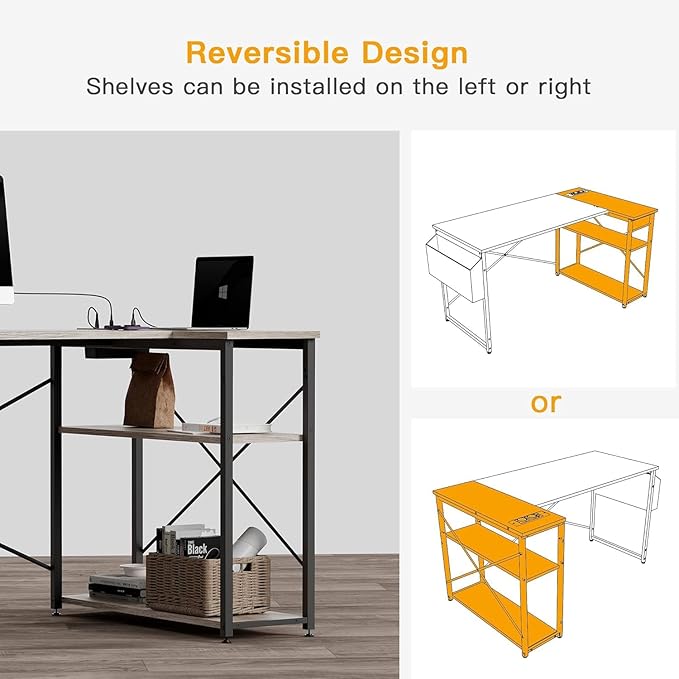 TIQLAB L Shaped Computer Desk with Power Outlets, 55 Inch Small Corner Desk with Reversible Shelves, Gaming Desk Computer Table Study Writing Desk for Home Office Small Space, Gray