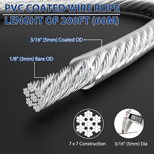 3/16" Wire Rope, 200Ft PVC Coated Steel Cable 7×7 Strand Core, Ideal Cable Railing System for Stair Handrail Balusters Porch Fence Deck, String Light Hanging, Clothesline, Curtains, Shade Sail