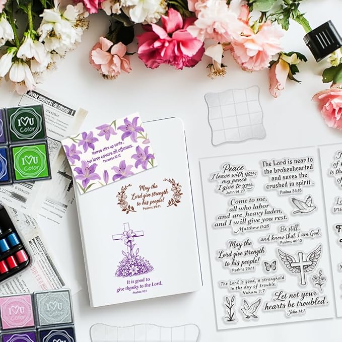 6 Pcs Christian Bible Verse Clear Stamps for Card Making Supplies 20 Craft Ink Pad 3 Acrylic Stamp Block Silicone Stamp with Bless Words Rubber Stamps for Crafting DIY Scrapbooking Journal