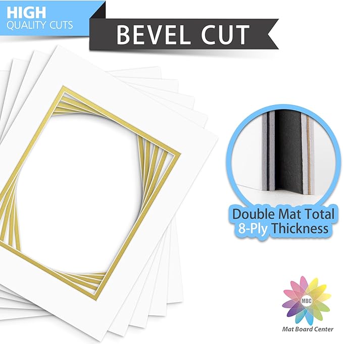 Mat Board Center, Double Mat - Acid Free, 8-ply Thickness, White Core - for Pictures, Photos, Framing (Off White Over Gold, 11x14 for 8x10, Pack of 5)