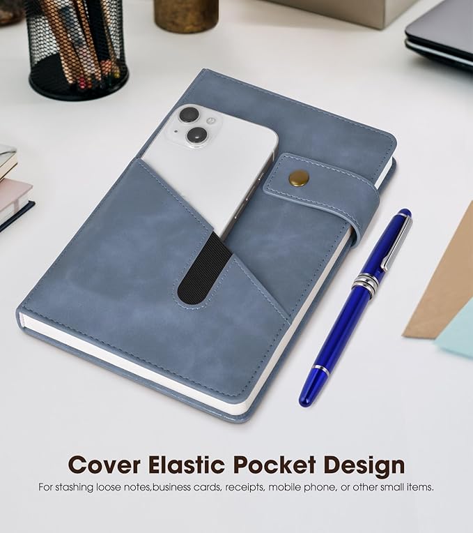 Blue A5 Lined Leather Journal Notebook for Men Women,5.9" X 8.4" Personalized Hardcover Journal with Pen,200 Pages 100 Gsm Thick Ruled Paper Daily Diary for Travel,Business,Work,Writing
