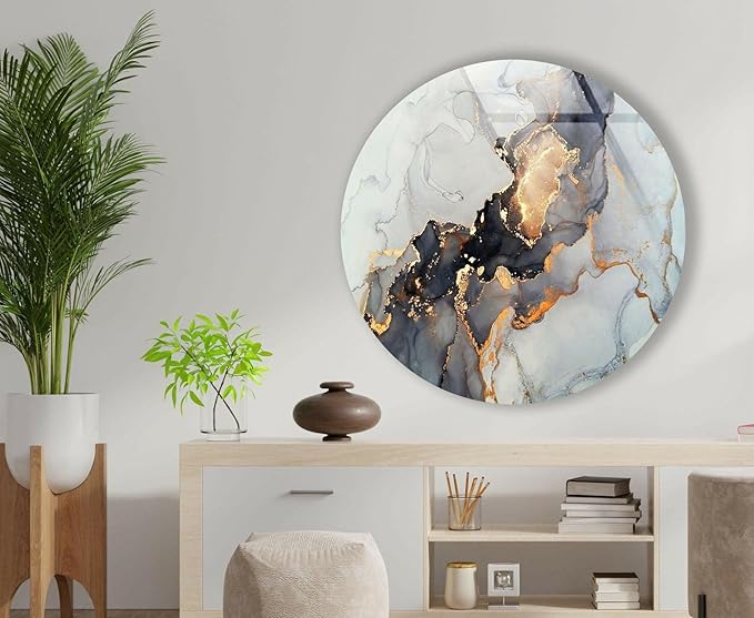My Photostation.com 24''(60cm) Diameter Gold Details Gray Marble Round Glass Wall Art Tempered Glass Printing Wall Decor Large Wall Art Wall Hangings