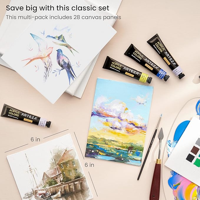 ARTEZA Canvas Boards for Painting, 6 x 6 Inches, Pack of 28, Blank White Small Canvas Panels for Acrylic, Oil and Gouache Painting
