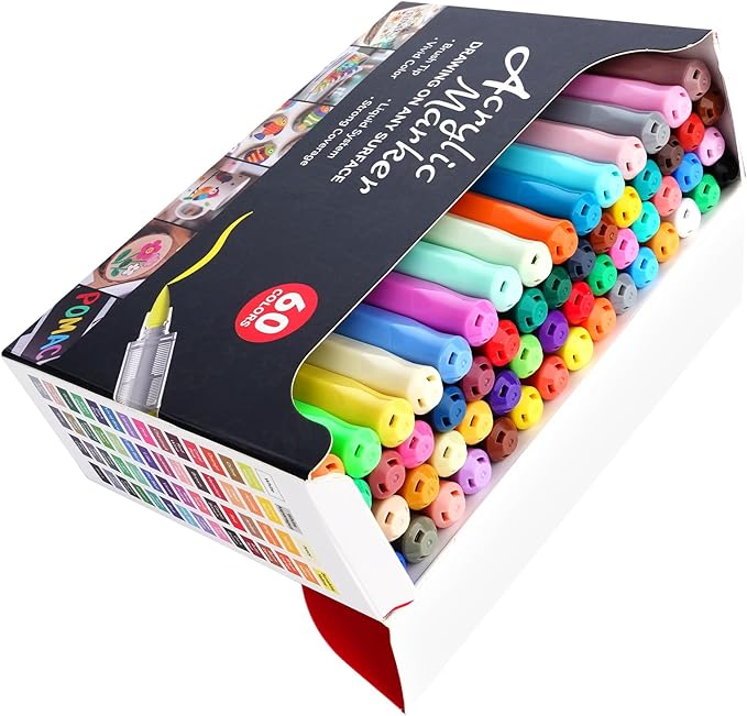 POMAC 60 Colors Acrylic Paint Markers, Water-Based Acrylic Pens Brush Tip, Art Drawing Liquid Paint Pens for Fabric, Canvas, Rock, Glass, Wood, Paper, DIY Crafts and Art Supplies