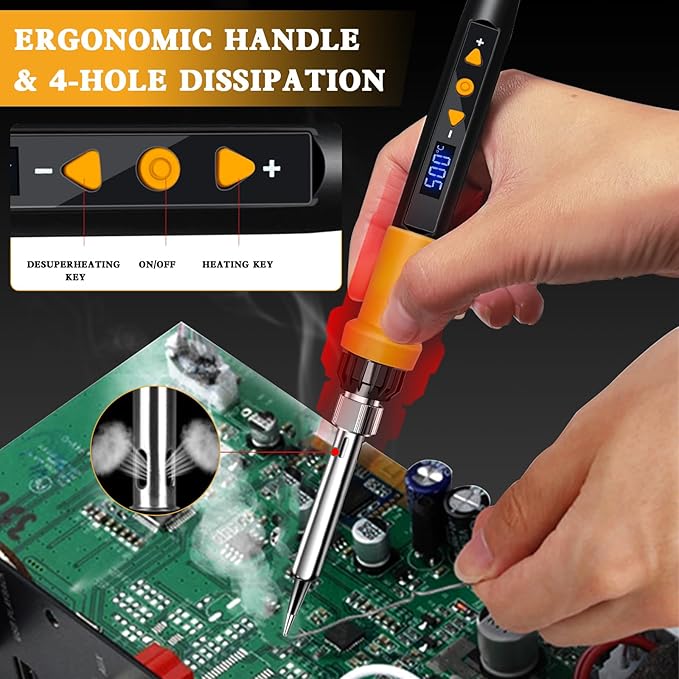 Soldering Iron Kit,80W LED Display Adjustable Temperature Soldering Iron Kit with Automatic Sleep Mode, Includes 5 Tips, Solder Wire, Stand, Flux - Professional Orange Welding Tool for Repair and DIY