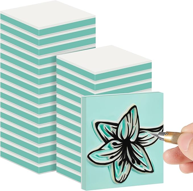 Frienda 48 Pcs 2" x 2" Rubber Carving Blocks Linoleum Blocks for Printmaking, Stamp Making, DIY Crafting, Scrapbook, Painting, Soft and Easy to Carve (White Green)