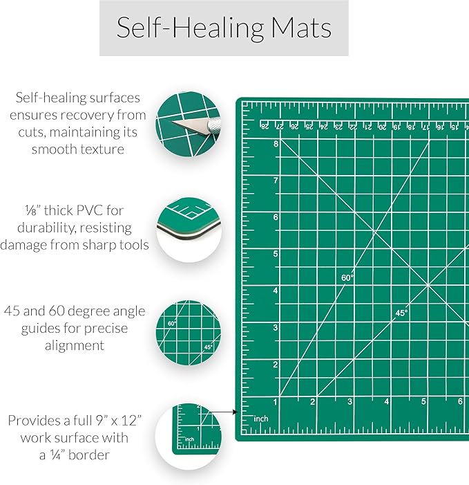 Breman Precision 9x12 Inch Self Healing Cutting Mat - 2-Sided 5-Ply PVC Green/Black Cutting Mats for Crafts, Sewing, Quilting and DIY Projects - Durable and Non-Slip Design with Precise Grid Lines