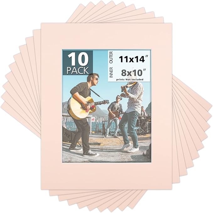 Mat Board Center, Pack of 10, 11x14 for 8x10 Pink Color Mats - Bevel Cut, Acid Free, 4-ply Thickness, White Core - for Pictures, Photos, Framing