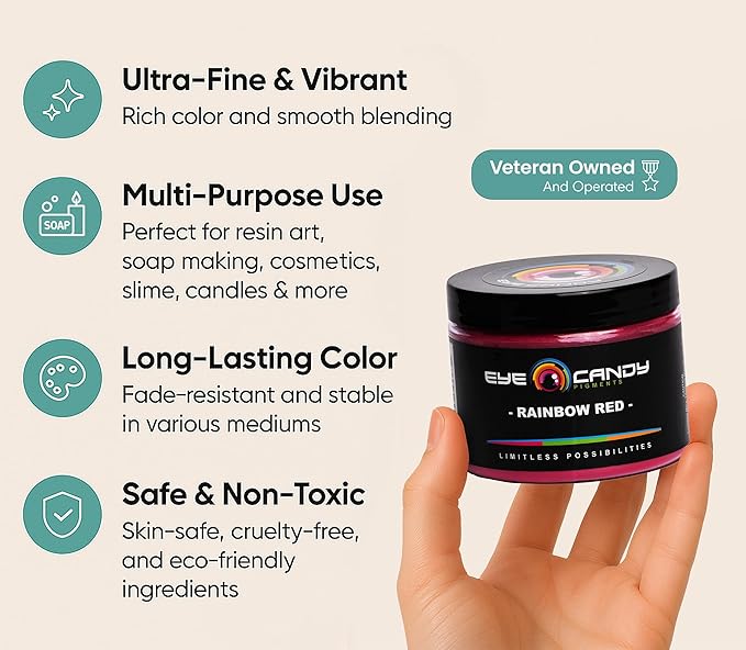 Eye Candy Pigments Premium Red Mica Powder - Rainbow Red (50gr) - for Epoxy, Resin, Soap, Paint, Woodworking, Acrylic Pouring, Bath Bombs, Fishing Lures - DIY Arts and Crafts Additive
