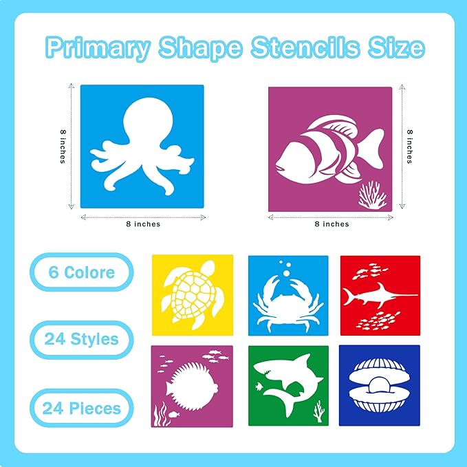 24 Pieces Stencils for Kids,Large Drawing Stencils Chalk Template,8 Inches Washable Shape Template Kit for Crafts,Painting Drawing for Kids Toddlers Preschool(Ocean, 8 inch)