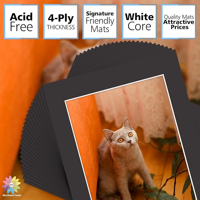 Mat Board Center, Pack of 25, 11x14 for 8.5x11 Black Mats - Acid Free, 4-ply Thickness, White Core - for Pictures, Photos, Framing