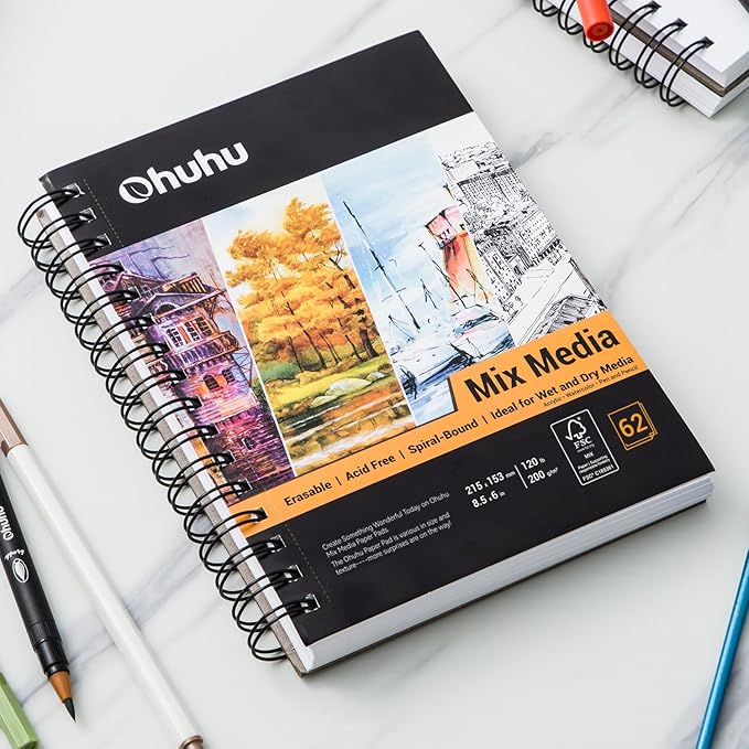 Mix Media Pad, Ohuhu Mixed Media Art Sketchbook, 120 LB/200 GSM Heavyweight Papers, 62 Sheets/124 Pages, Spiral Bound Mixed Media Paper Pad for Christmas Gift (8.5x6 in)