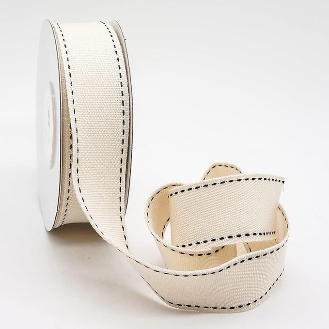 CT CRAFT LLC Ivory Cotton Black Stitched Ribbon 7/8" x 10 Yards for Home Décor Gift Present Wrapping DIY Crafts Birthday Wedding Bouquet Christmas