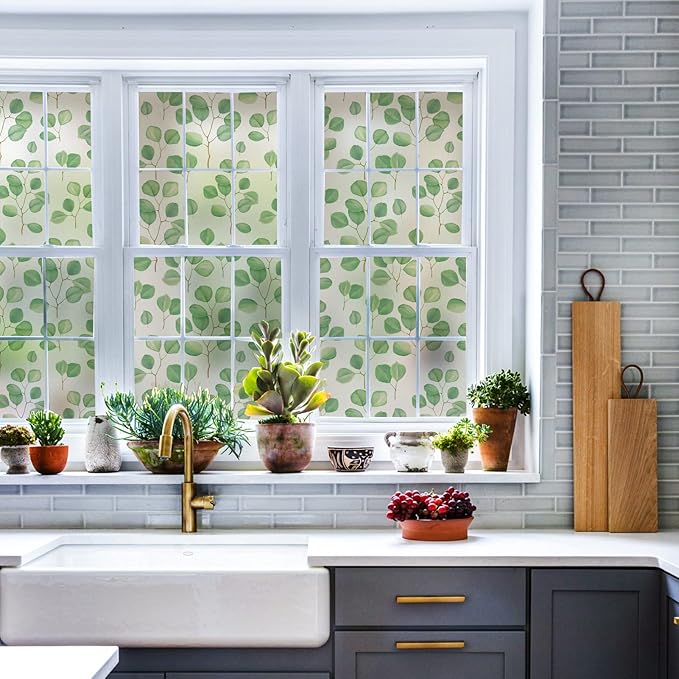 DKTIE Retro Leaves Pattern Two-Way Window Film Privacy Day and Night Window Privacy Film Decorative Stained Glass Window Clings for Birds (S222, 17.7" x 78.7")