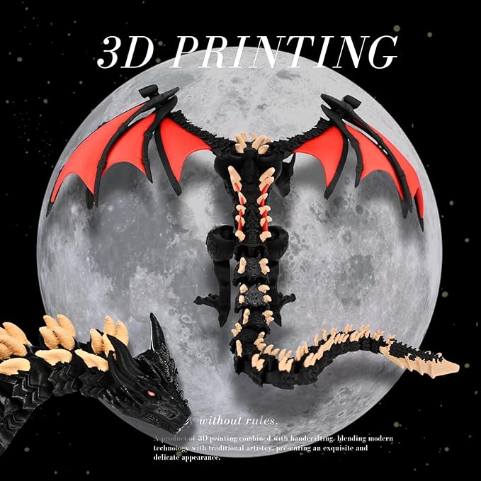 3D Printed Dragon - 12 inch Flying Flexible Dragon with Wings, Home Decor, Birthday Gift, Desk Pet(Red Black-Dragon)