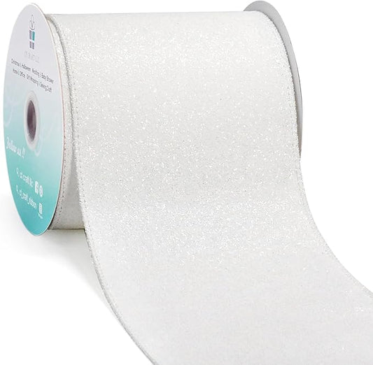 CT CRAFT LLC Glitter Wired Ribbon 4" x 10 Yards White for Christmas Home Decor Bow Gift Wrapping DIY Crafts Wreath