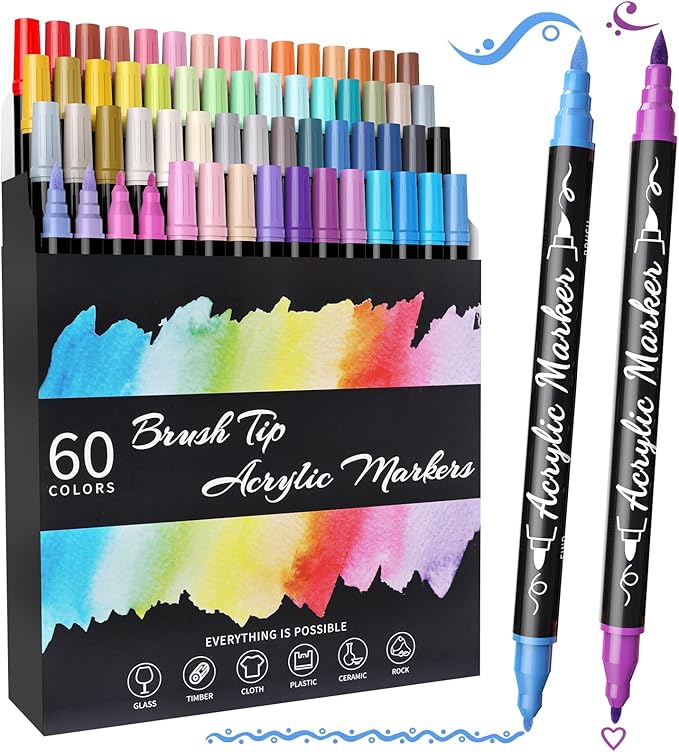 TOSAHRE Acrylic Paint Pens Markers 60 Colors Waterproof Dual Tip Acrylic Markers Set with Brush & Fine Tip Coloring Pens for Rock Painting Wood Scrapbook Fabric Glass Ceramic DIY Craft Art Supplies