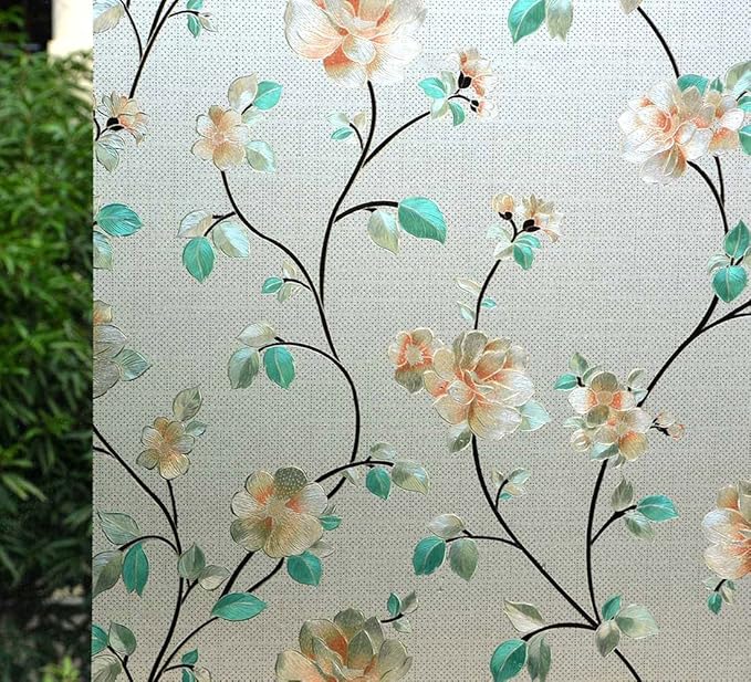 VSUDO Static Cling Decorative Window Privacy Film – Frosted Privacy Window Film with Jasmine Floral & Stained Glass Design, Adhesive-Free Tint for Home, Bathroom & Office (11.8" x 78.7")