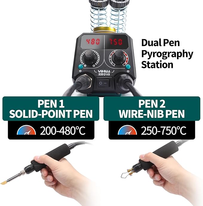YIHUA 939D-VII Pyrography Tool Wood Burning Pen Kit Station 2-in-1 Solid-Point 200~480°C (with Temp Display)/Wire-Nib 250~750°C with 23 Nibs, 50 Solid Points, 6 Woodpieces